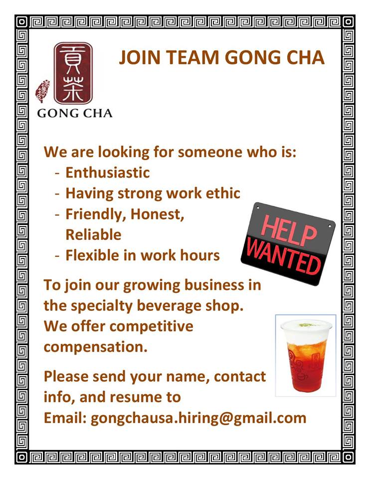 We are hiring! « Gong Cha USA